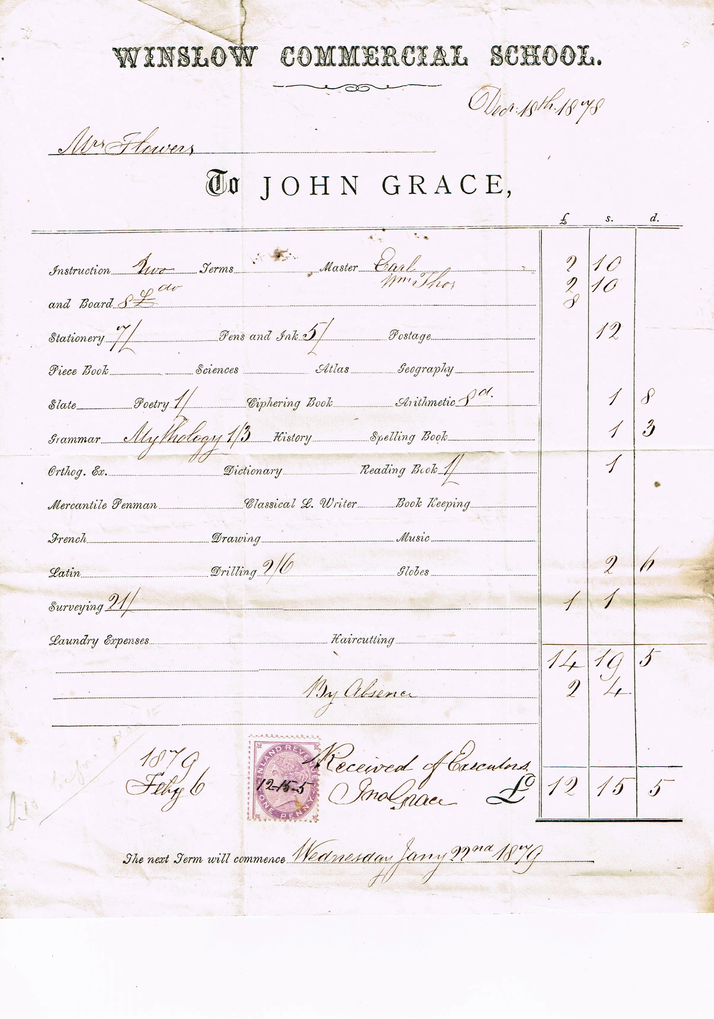 Account for Winslow Commercial School, 1878